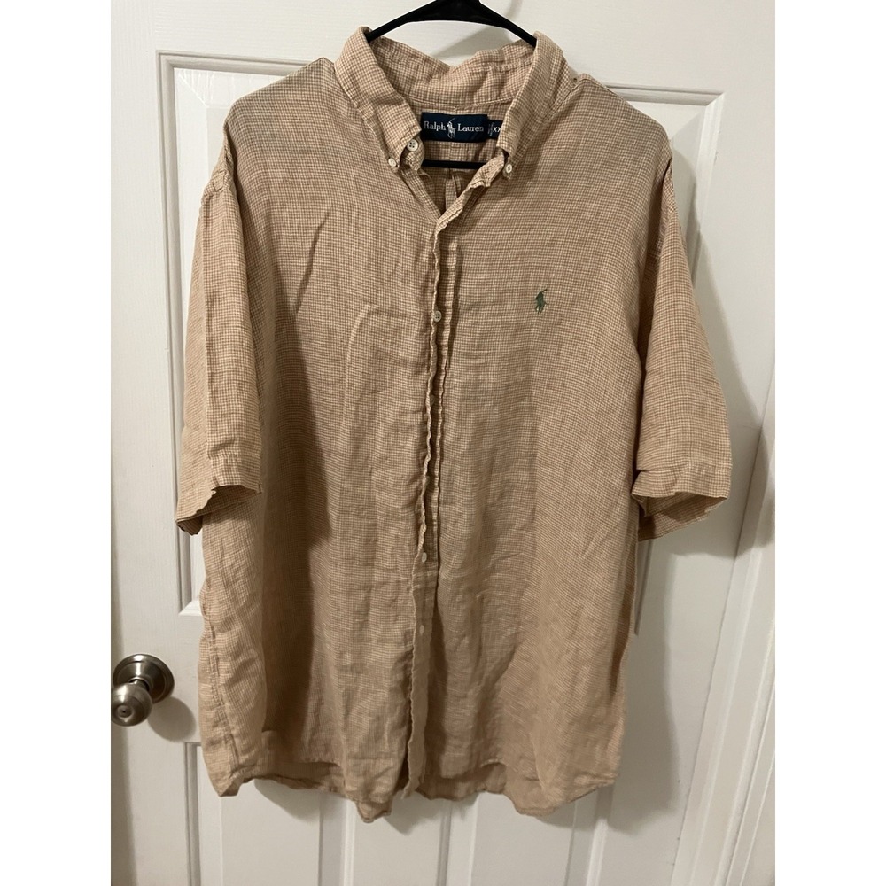 Vintage 90s Polo Ralph Lauren Beige Plaid Mens 2XL Linen Tan Classic Shirt
